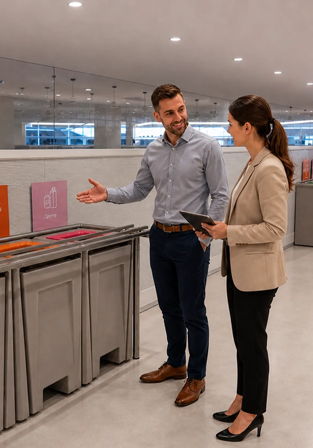 Un commercial présente une table de tri et sa signalétique à une cliente, qui prend des notes sur une tablette