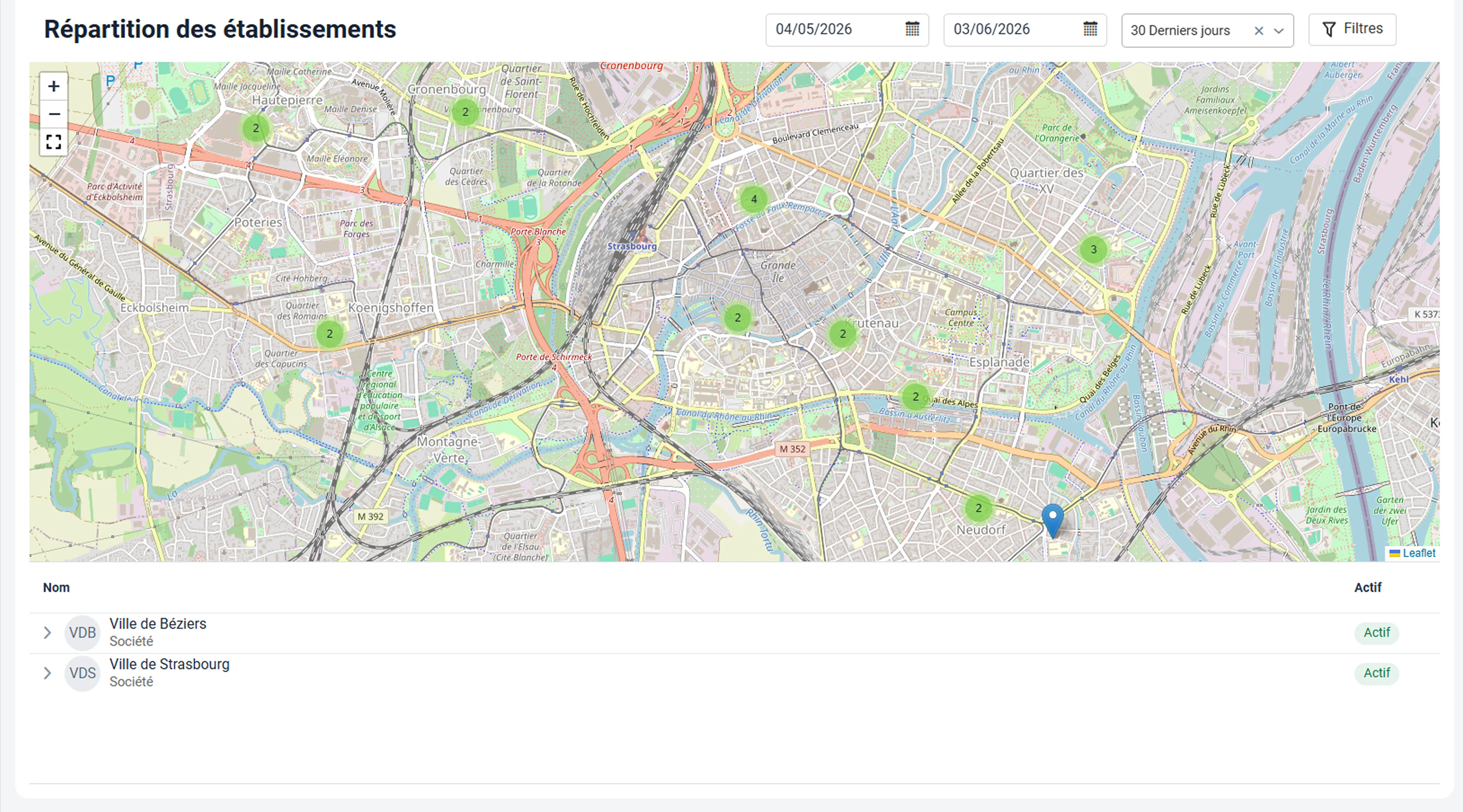 Dashboard MyWaste — vue Carte : répartition géographique des établissements