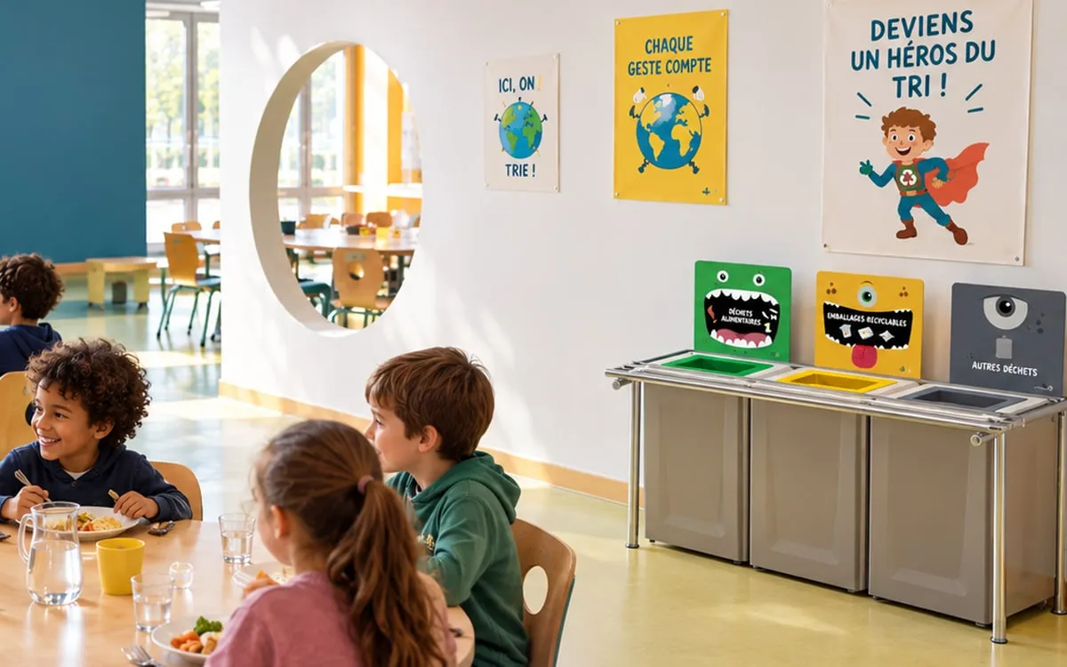 Des enfants déjeunent à la cantine ; contre le mur, une table de tri à trois flux et ses plaques illustrées, sous une affiche « Deviens un héros du tri ! »