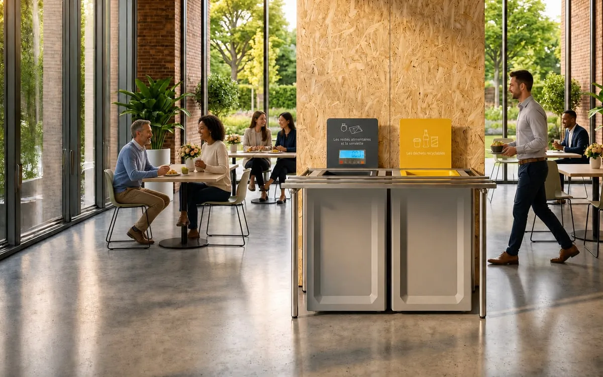 Un restaurant d’entreprise baigné de lumière : des convives à table et, au centre de la salle, une table de tri à deux flux