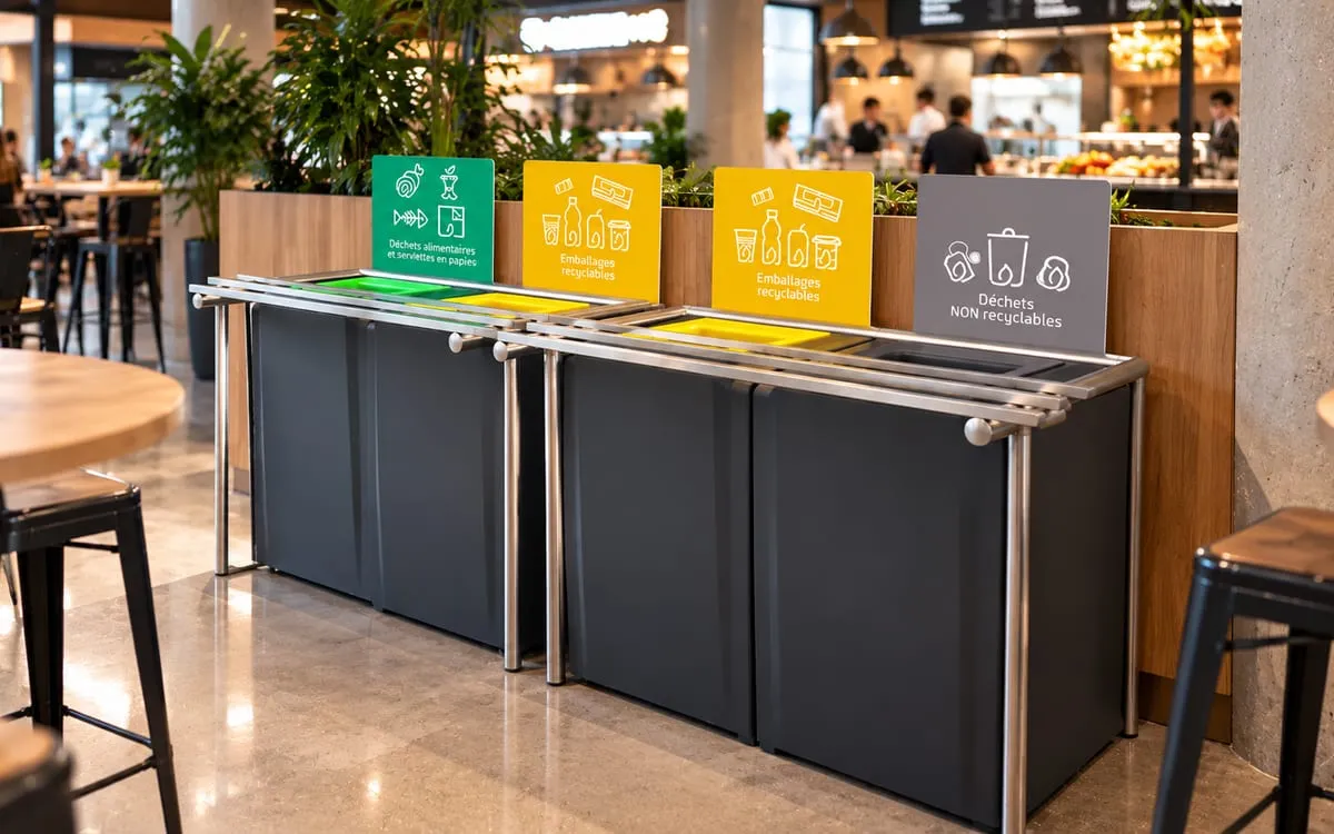 Dans une aire de restauration très fréquentée, deux tables de tri côte à côte sous des plaques « Déchets alimentaires et serviettes en papier », « Emballages recyclables » et « Déchets NON recyclables »