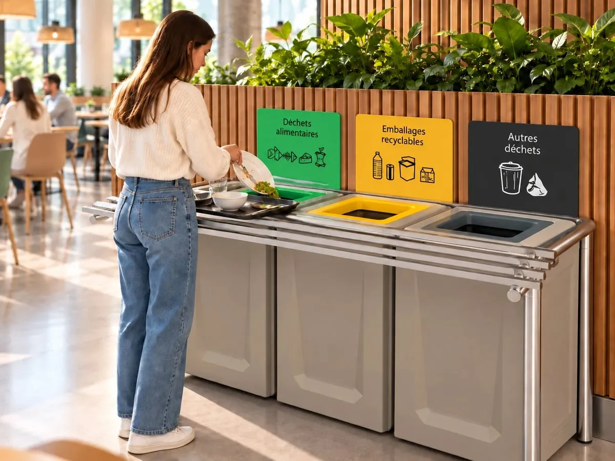 Dans un restaurant d’entreprise, une convive vide son assiette dans le bac « Déchets alimentaires » d’une table de tri TRIGO à trois flux